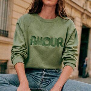 Sezane Embroidered Amour Light Green Sage Crewneck Sweatshirt Casual Sz XS